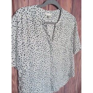 Kenar White Black Dalmatian Polka Dot V-Neck Short Sleeve Blouse Size Small